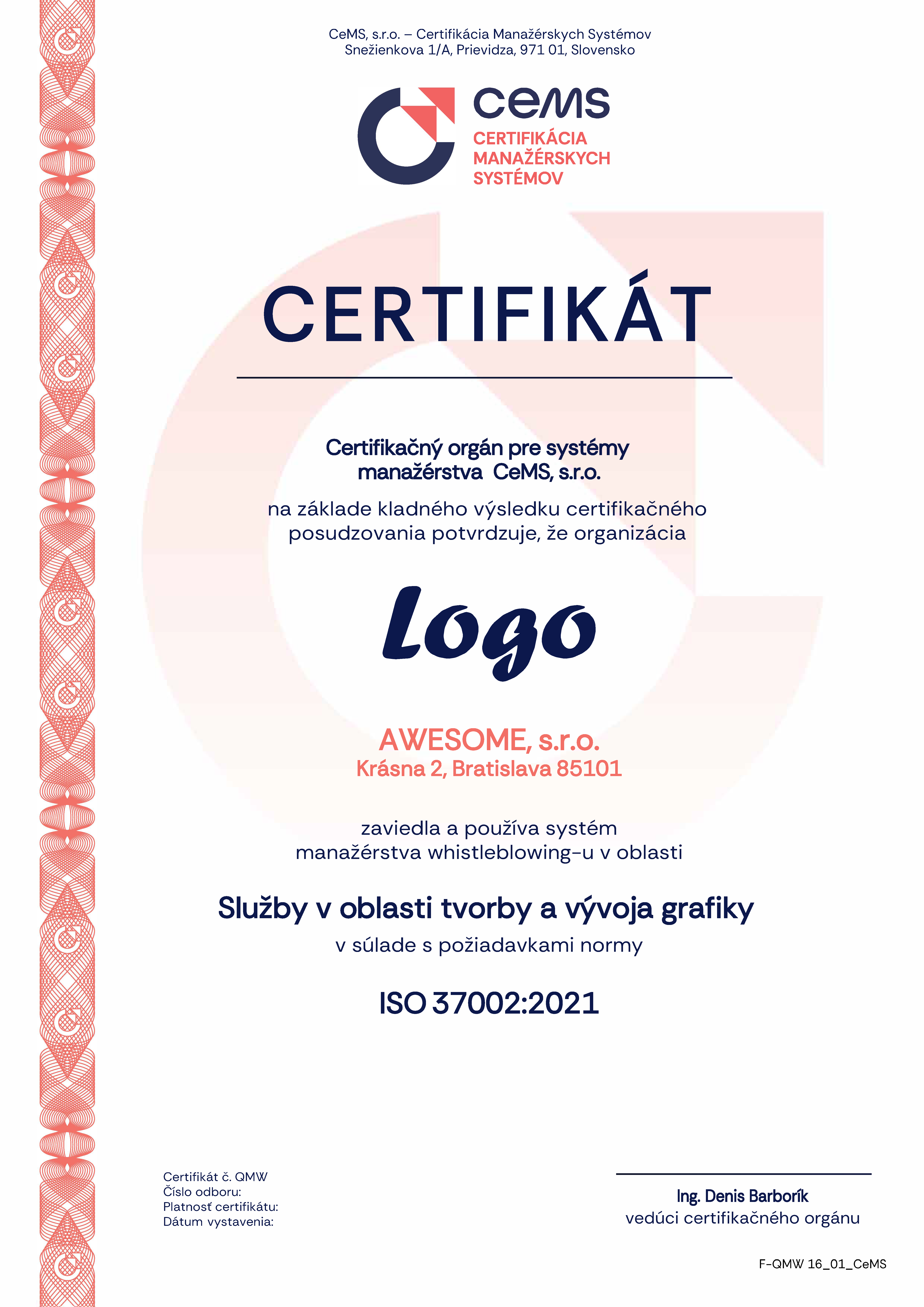vzor certifikátu ISO 37002 od CeMS